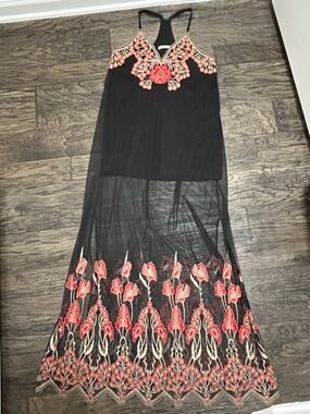 Alice + Olivia Black Sheer Maxi  with Red Floral Embroidery